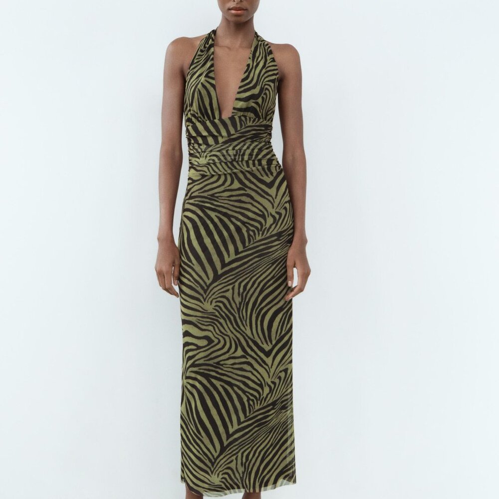 Zara Green Zebra Printed Tulle Dress